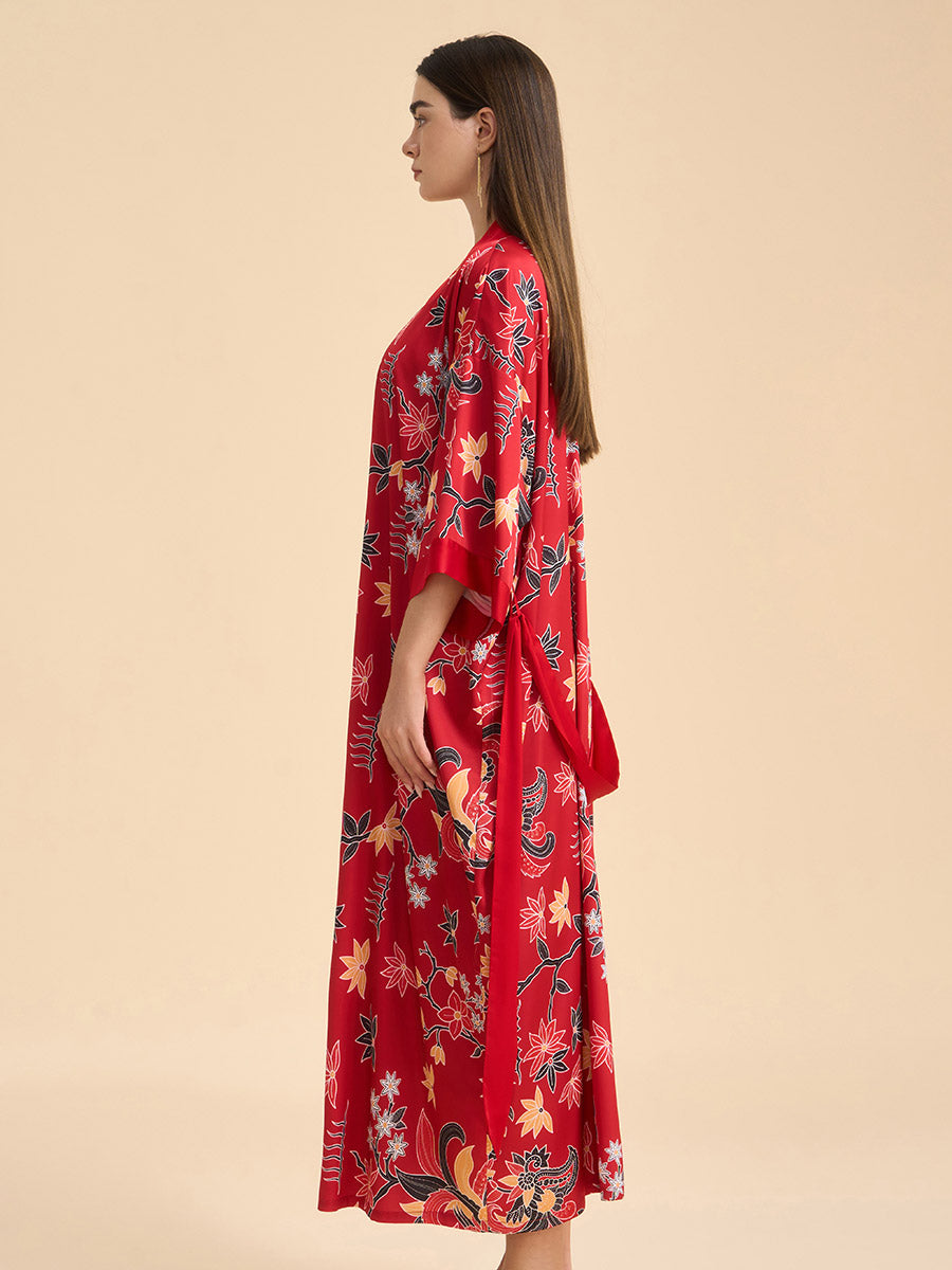 Oriental Floral Satin Kimono Robe