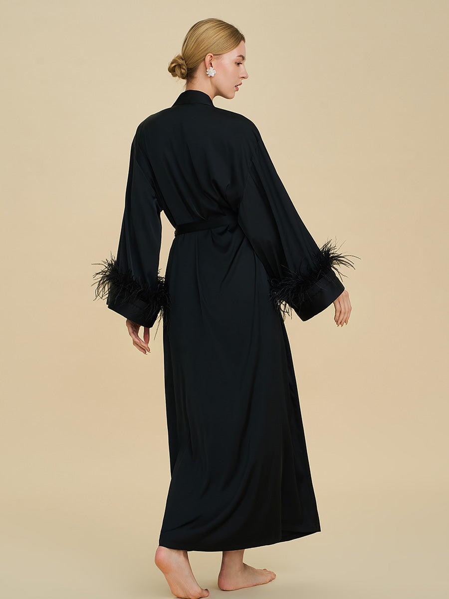Black Satin Maxi Robe with Feather Cuffs