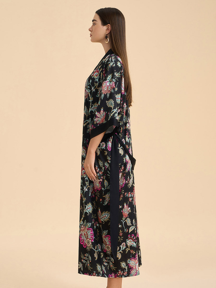 Midnight Floral Satin Kimono Robe