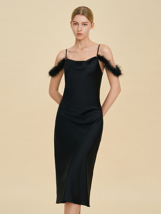 Black Satin Midi Slip Dress with Feather Trim