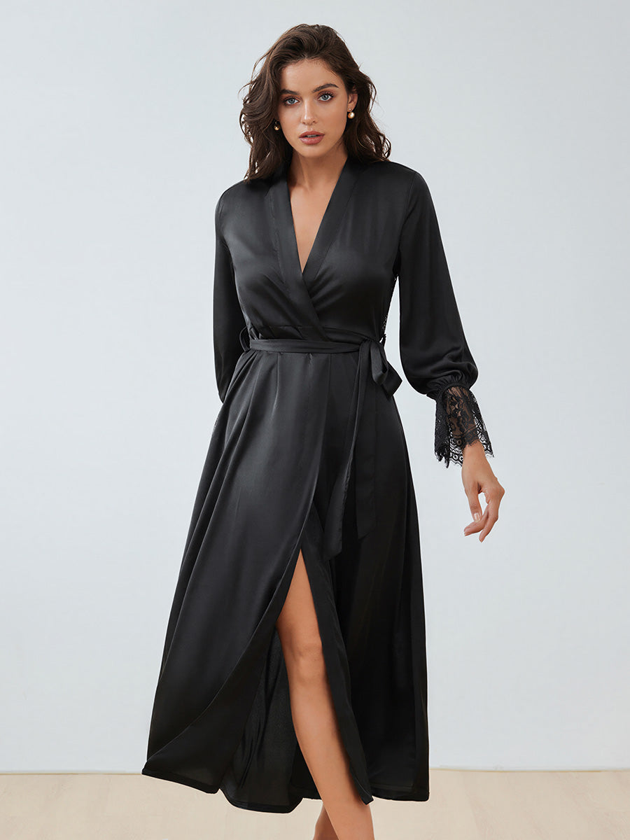 Black Satin Chiffon Maxi Robe