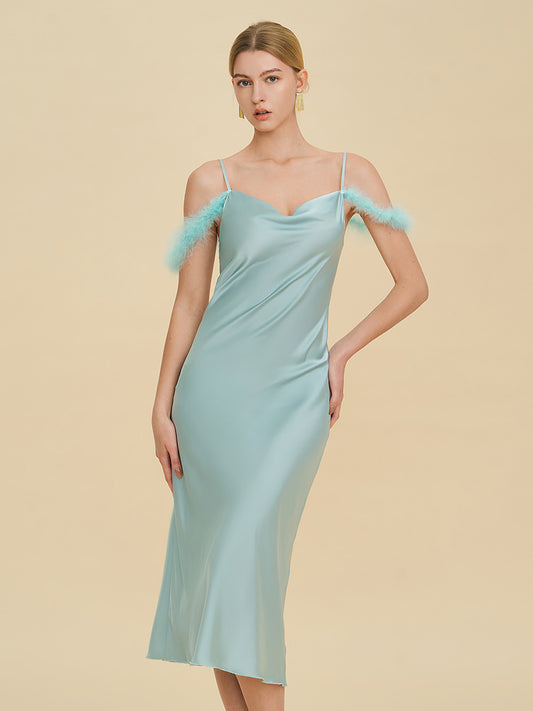 Light Blue Satin Midi Slip Dress with Feather Trim
