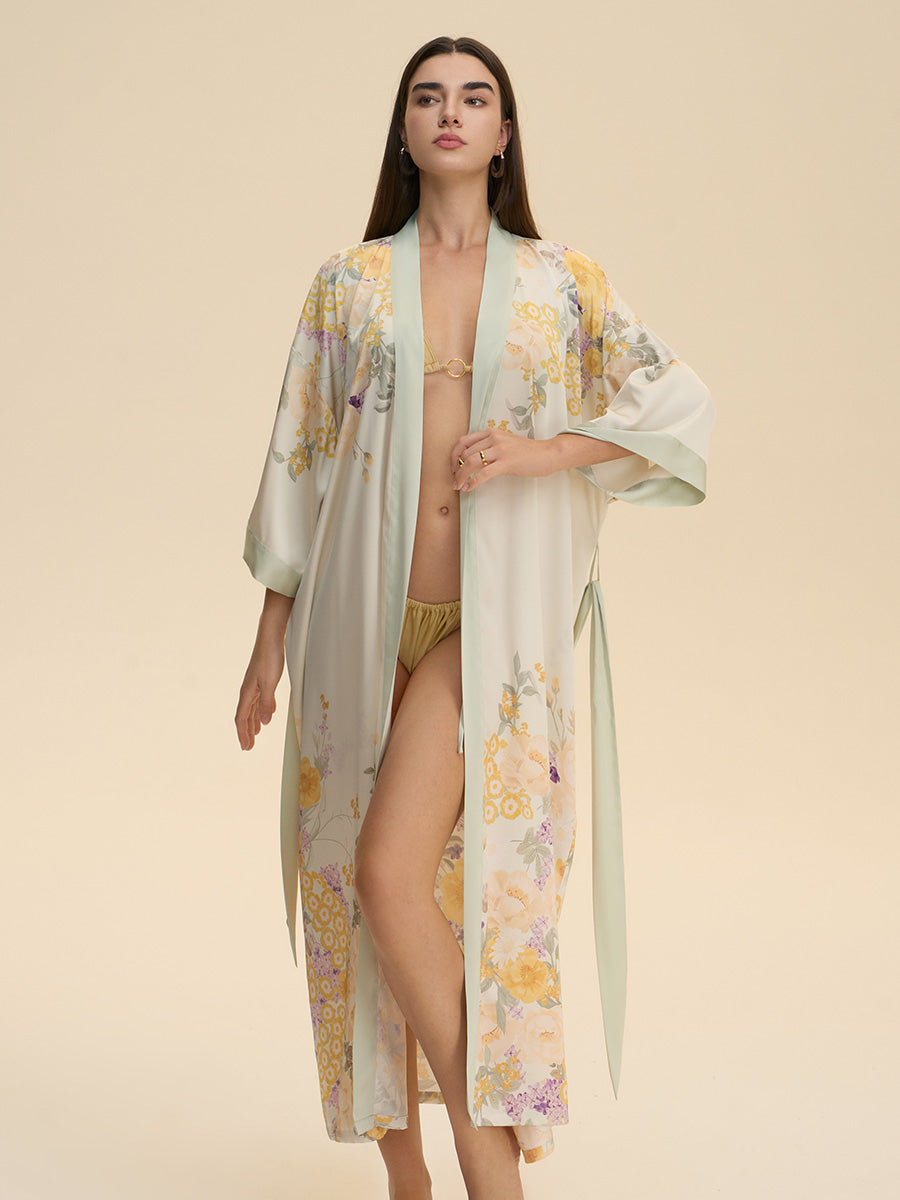 Floral Print Satin Kimono Robe