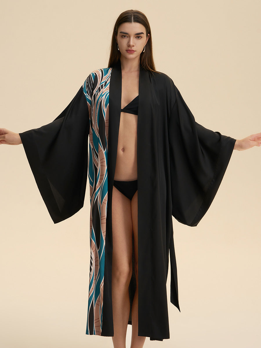 Black Abstract Wave Print Satin Kimono Robe