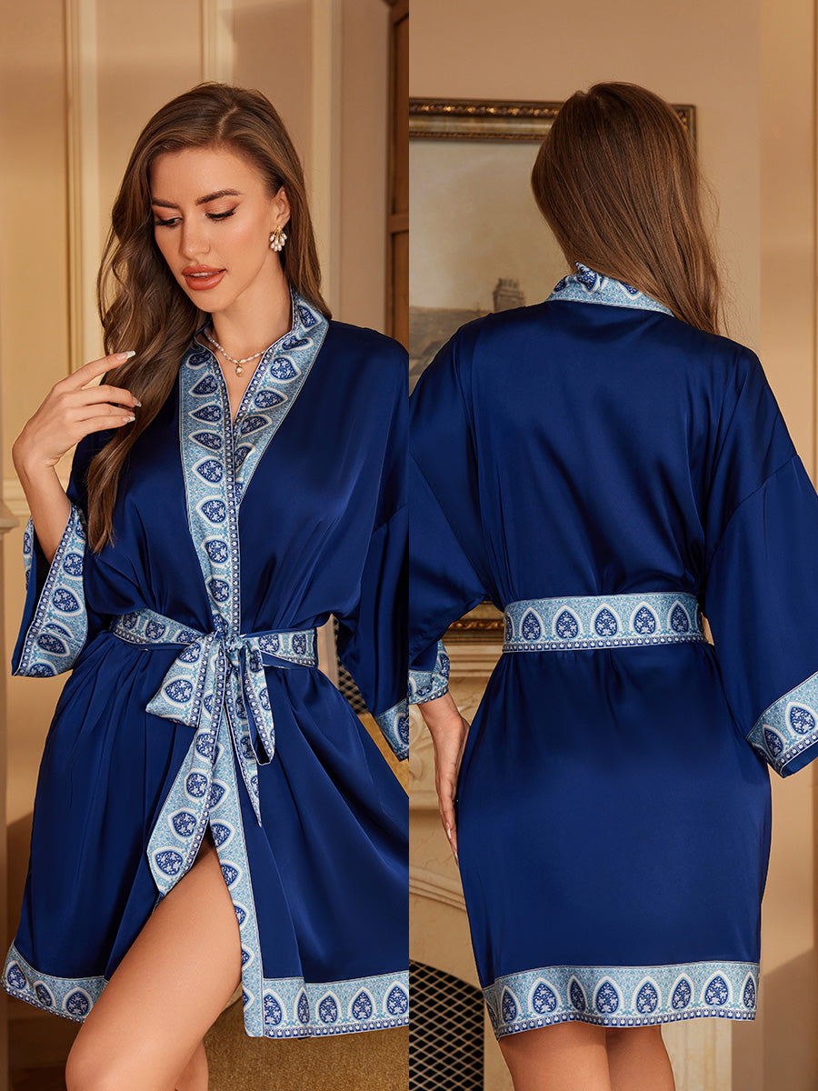Navy Blue Satin Lounge Robe