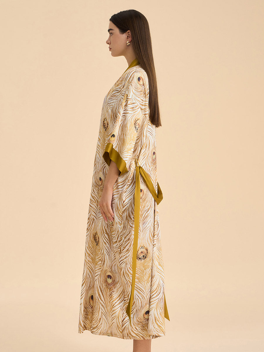 Peacock Feather Satin Kimono Robe