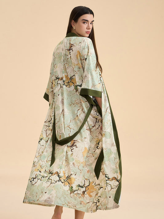 Ink Wash Botanical Satin Kimono Robe