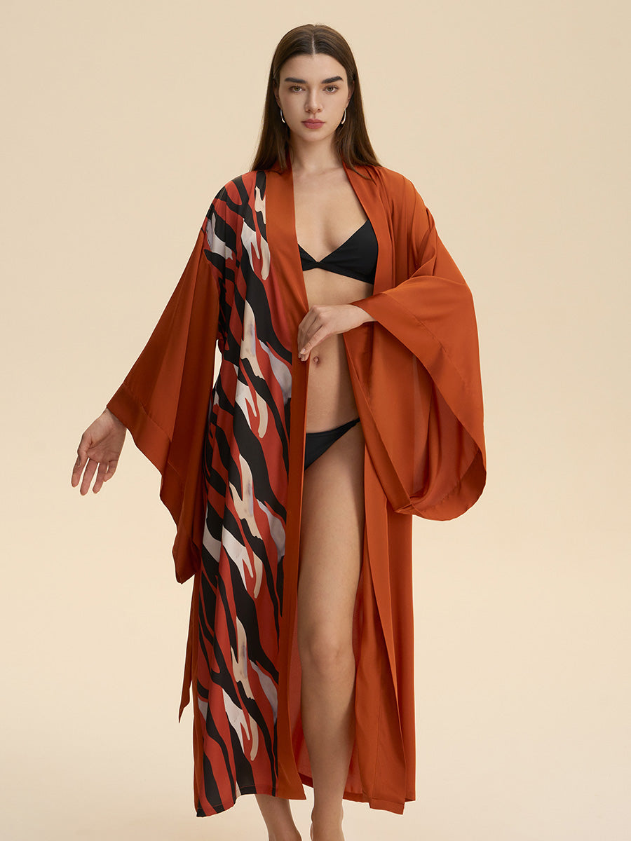 Rust Abstract Stripe Print Satin Kimono Robe