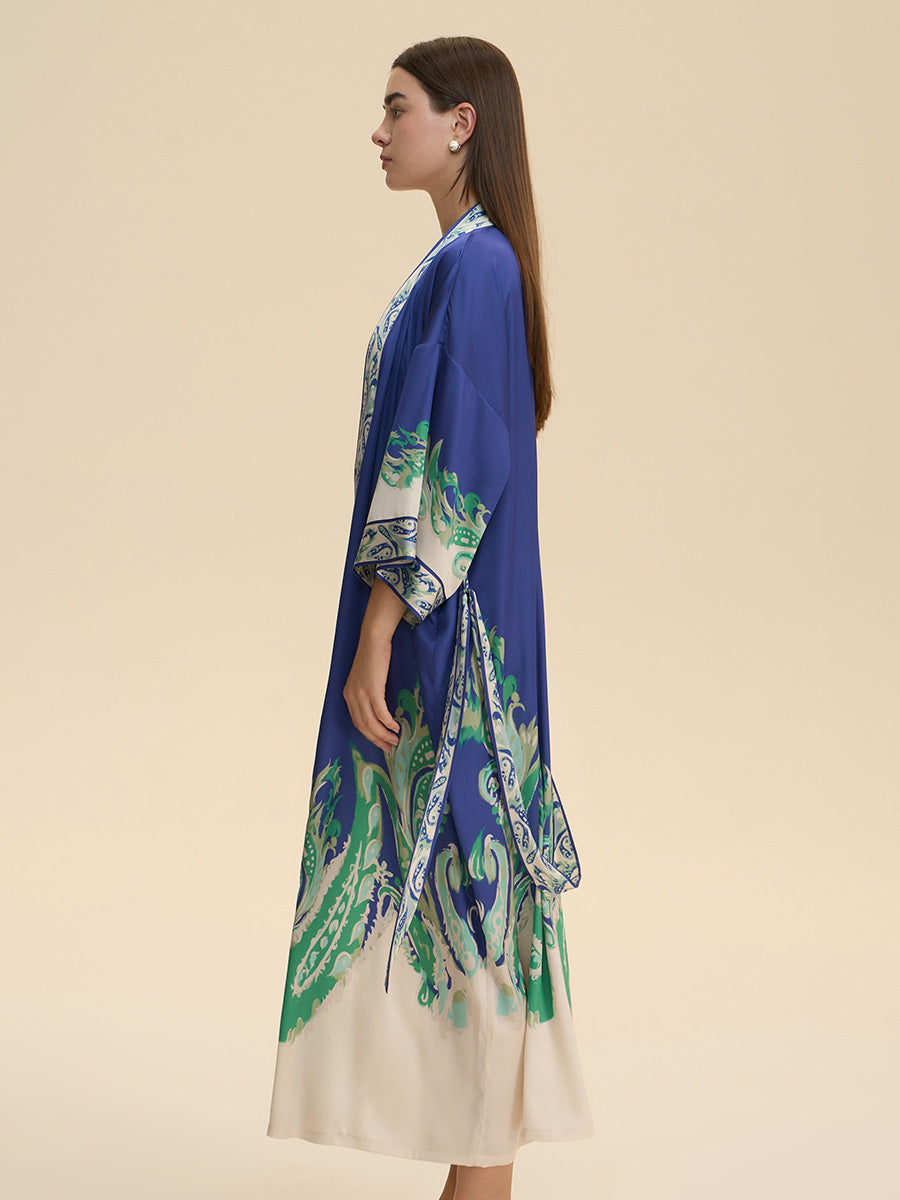 Royal Blue Paisley Satin Kimono Robe