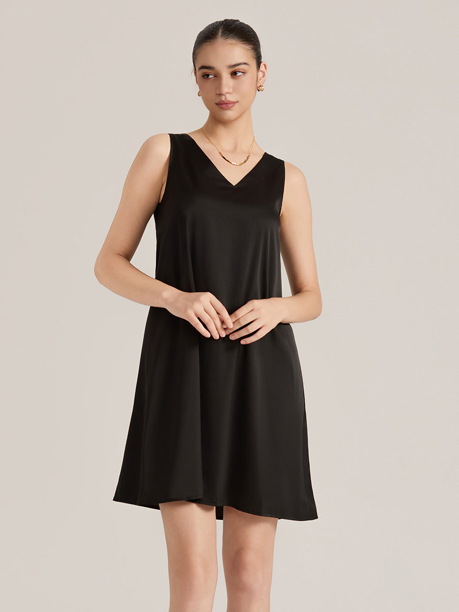 Black Satin Sleeveless Shift Dress