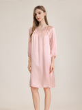 100% Mulberry Silk 3/4 Puff Sleeve Tie Neck Midi Nightgown