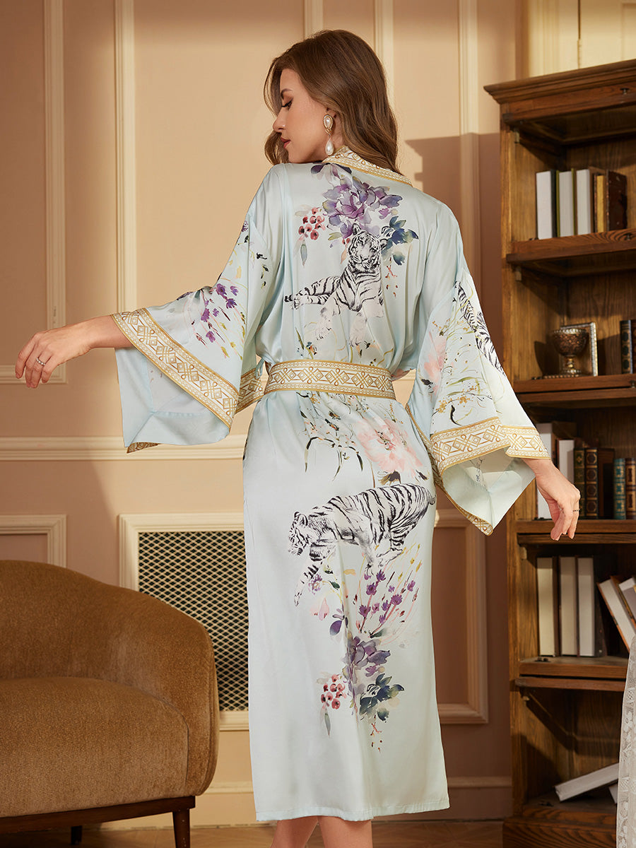 Tiger Floral Satin Kimono Robe