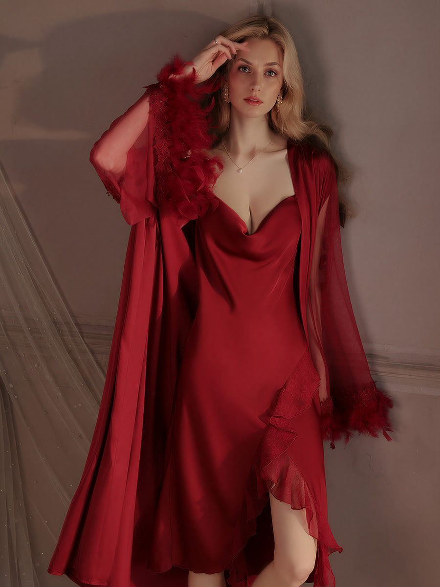 Red Feather Trim Luxury Satin Nightgown Set