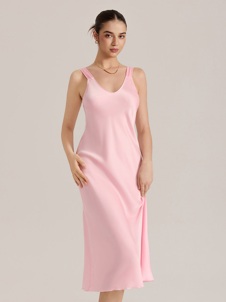 Satin Chiffon V-Neck Midi Slip Dress