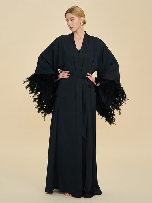 Black Satin Maxi Robe with Oversized Feather Cuffs