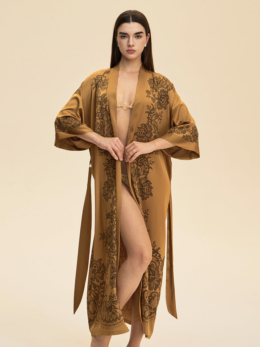 Lace Print Satin Kimono Robe