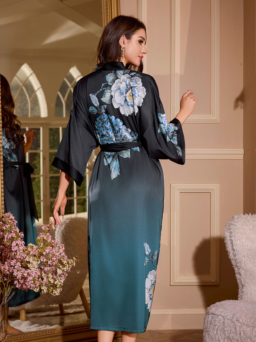 Gradient Floral Satin Kimono Robe