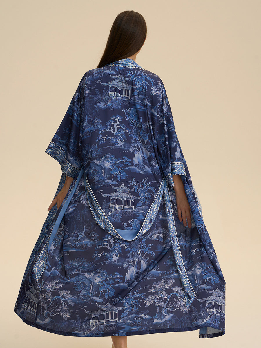Blue Willow Landscape Satin Kimono Robe
