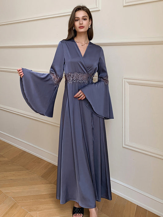 Dusty Blue Satin Chiffon Maxi Robe