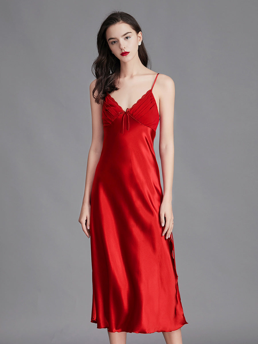 Red Silky Lace Trim Slip Dress