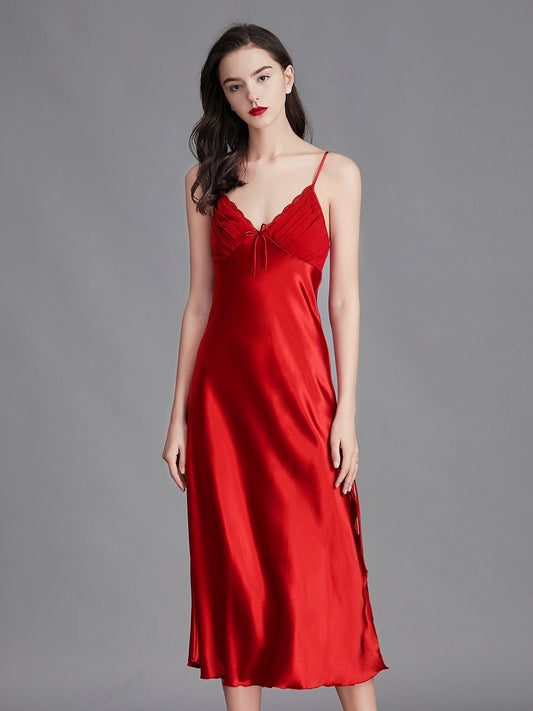 Red Silky Lace Trim Slip Dress