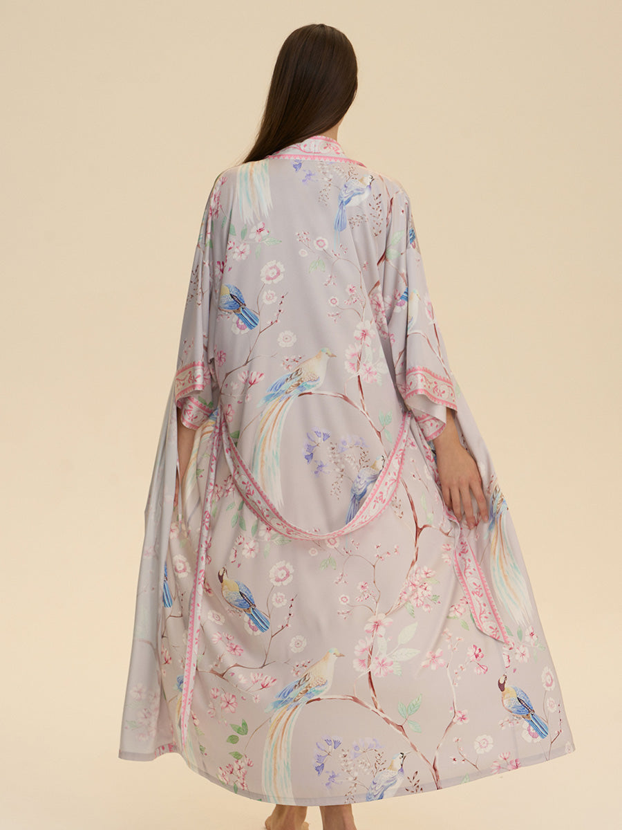 Pastel Bird & Floral Satin Kimono Robe