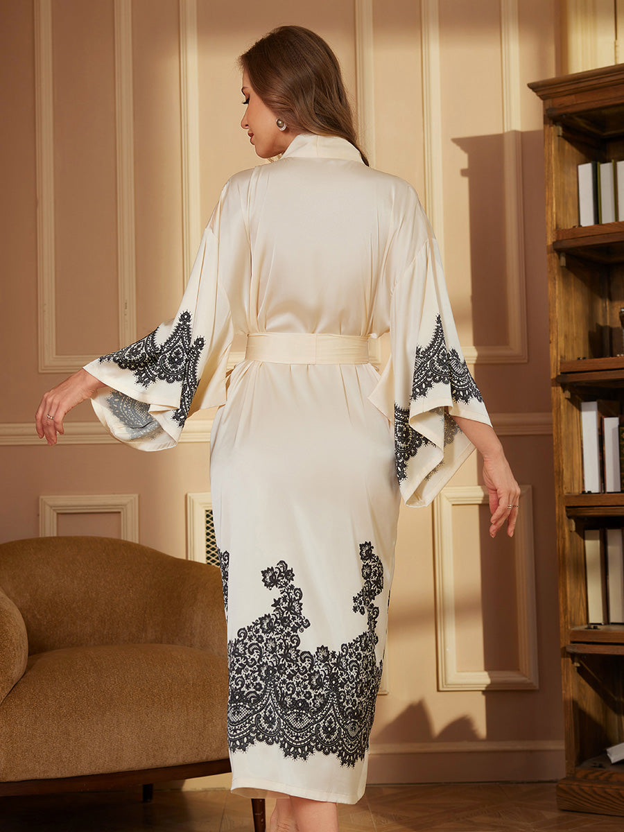 Cream Lace Satin Kimono Robe