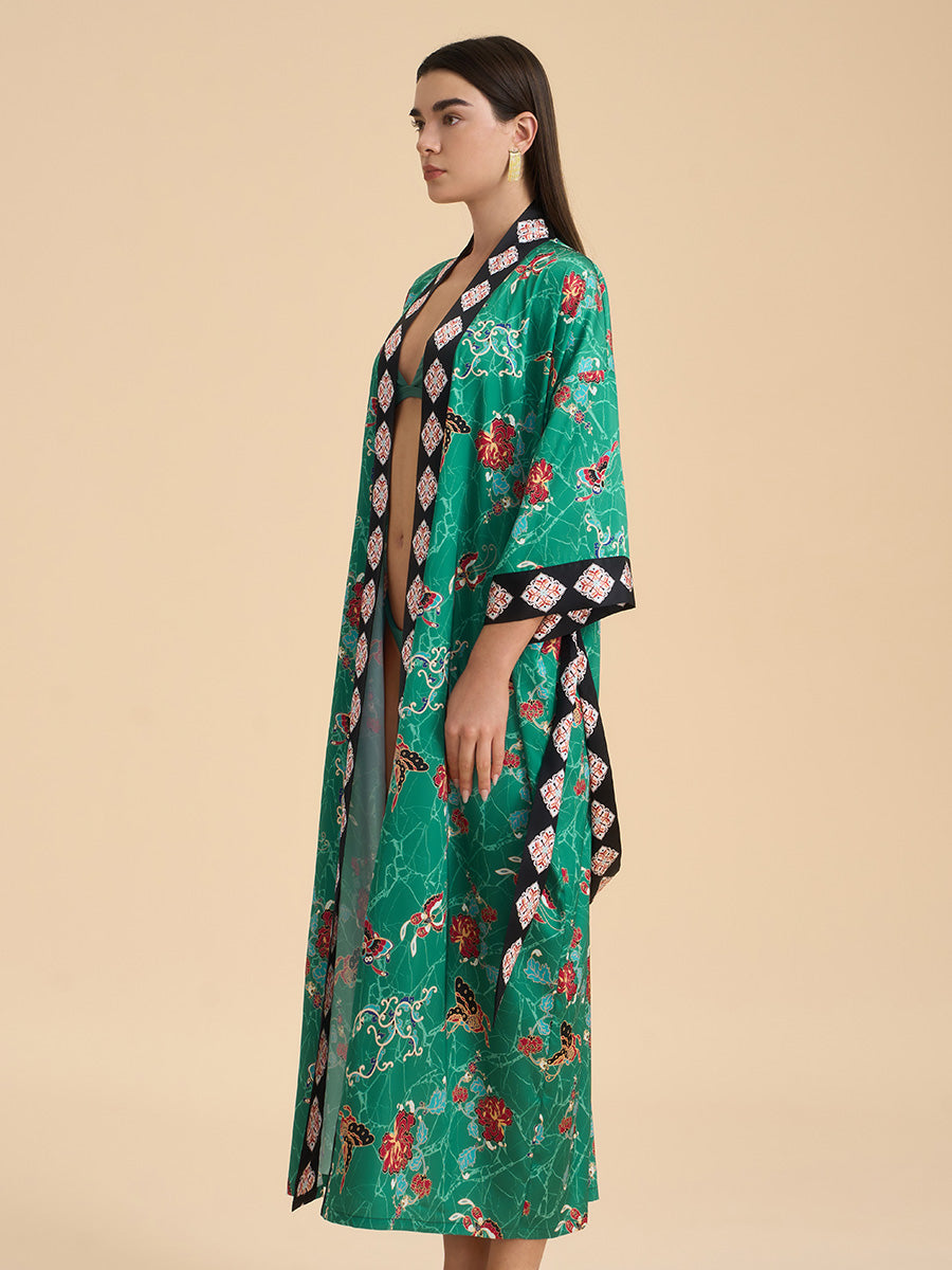 Green Floral Butterfly Satin Kimono Robe