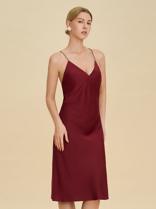 Burgundy Satin Midi Slip Dress with Crisscross Back