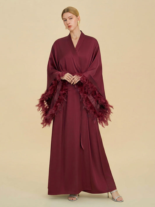 Burgundy Satin Maxi Robe with Oversized Feather Cuffs