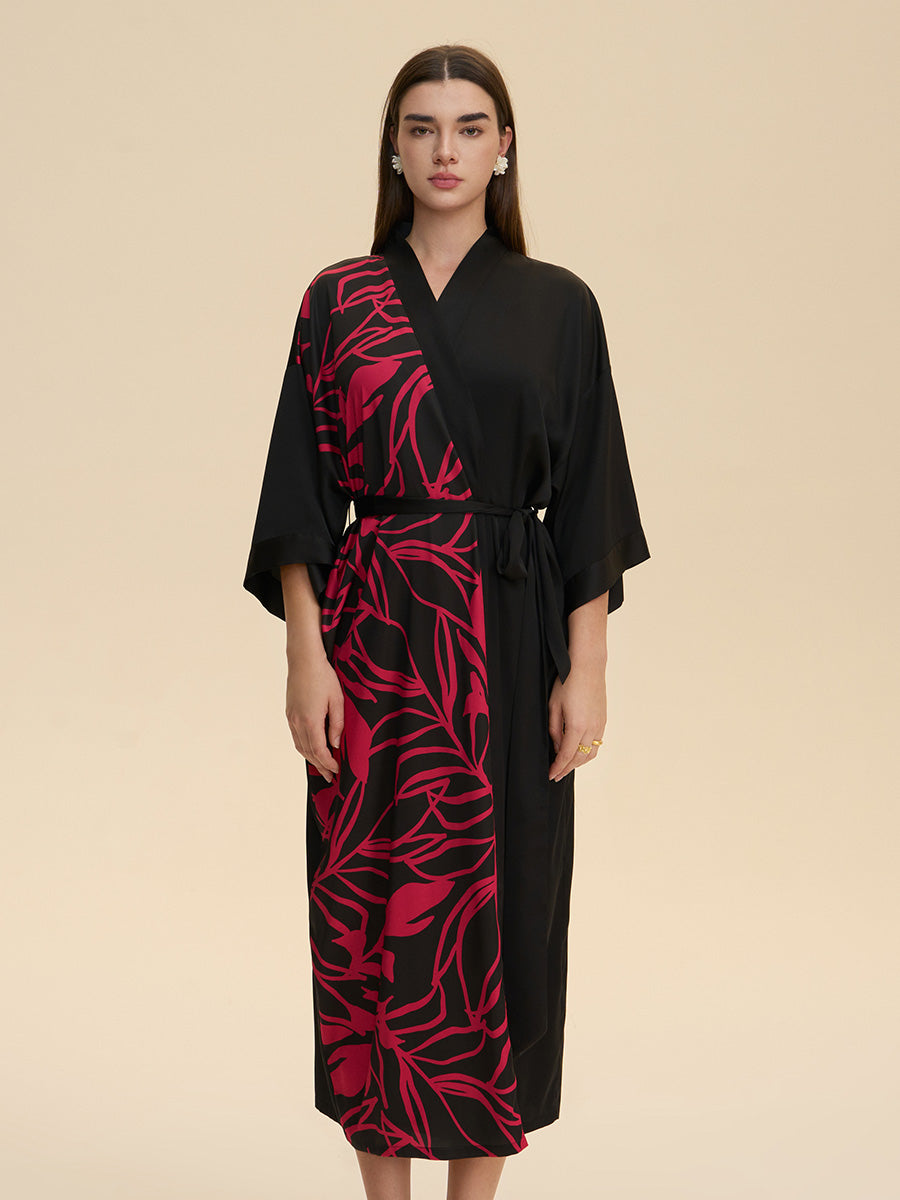 Colorblock Botanical Satin Kimono Robe