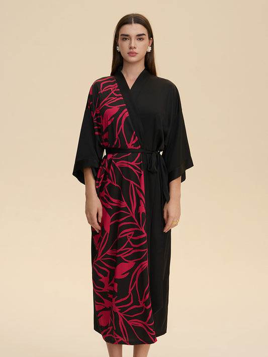 Colorblock Botanical Satin Kimono Robe