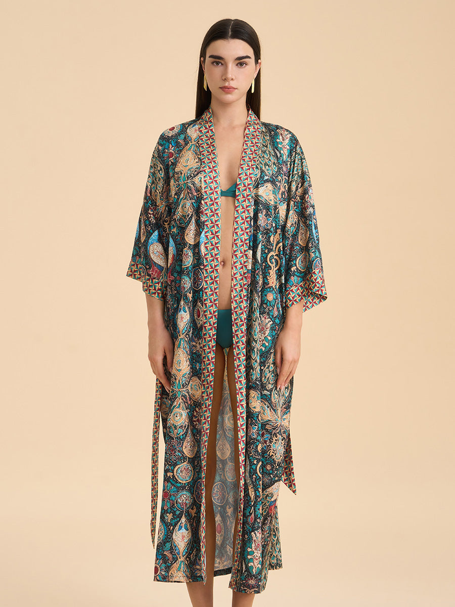 Peacock Print Satin Kimono Robe