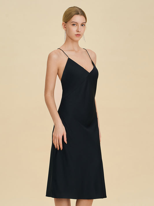 Black Satin Midi Slip Dress with Crisscross Back