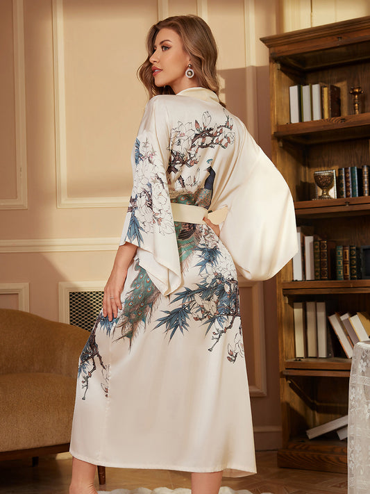 Peacock Floral Satin Kimono Robe