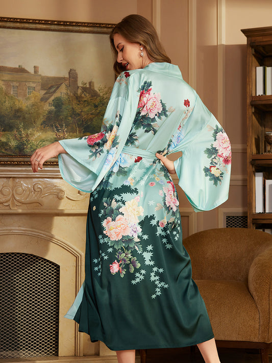 Gradient Peony Satin Kimono Robe