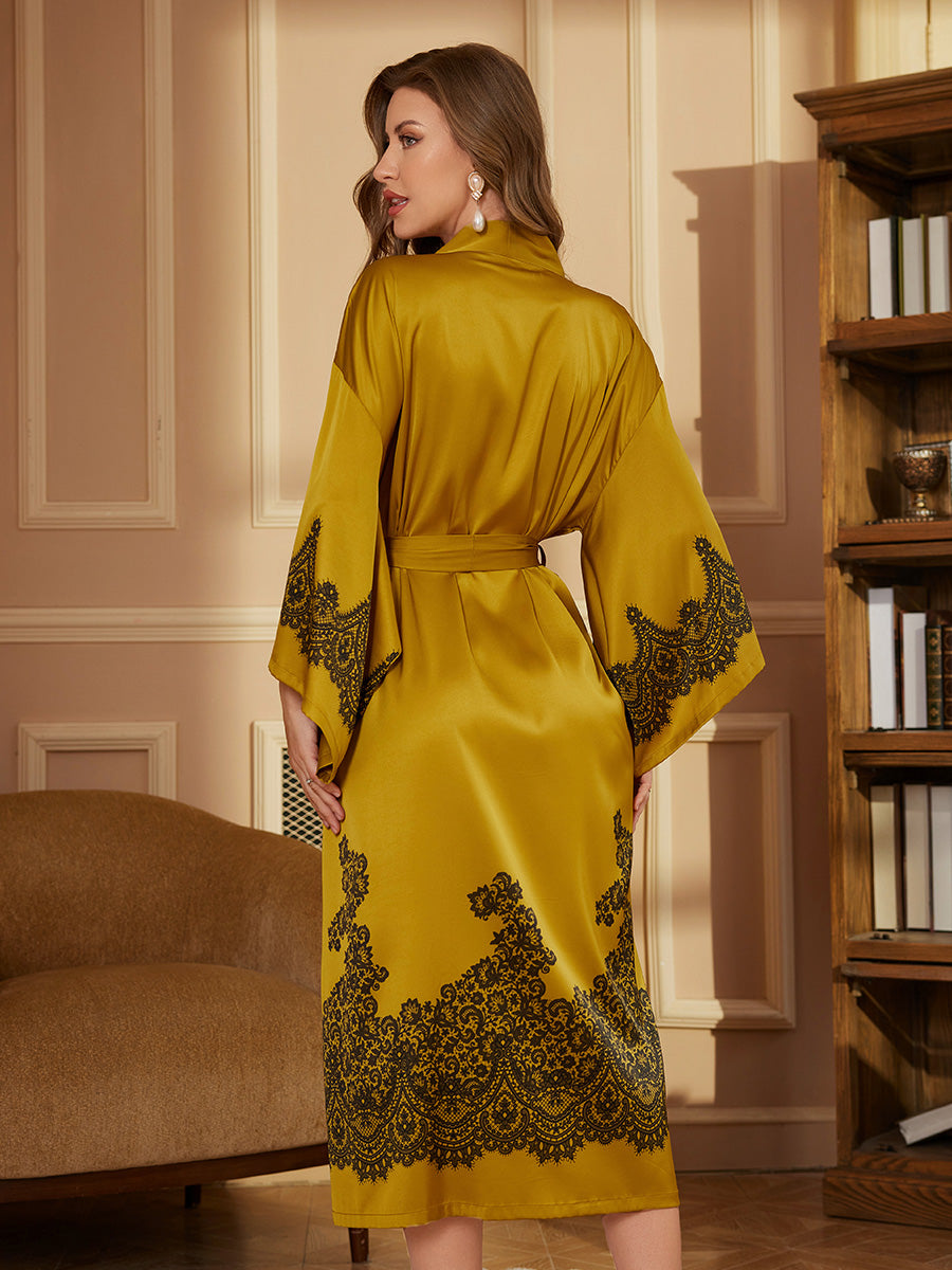 Gold Lace Satin Kimono Robe