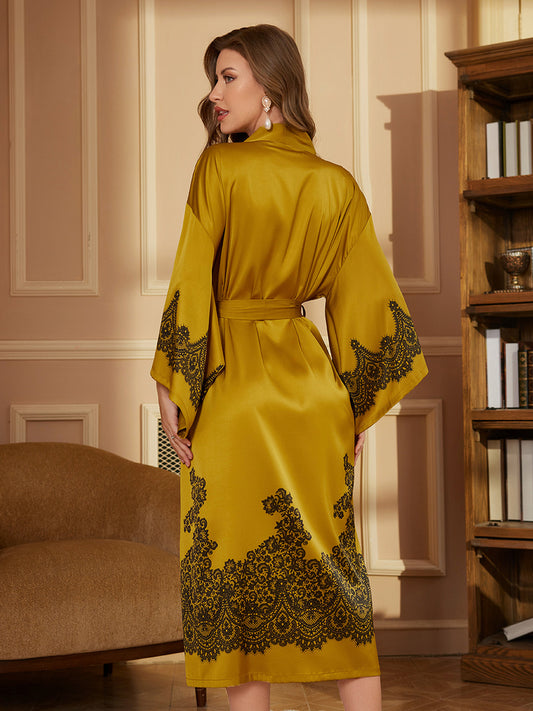 Gold Lace Satin Kimono Robe
