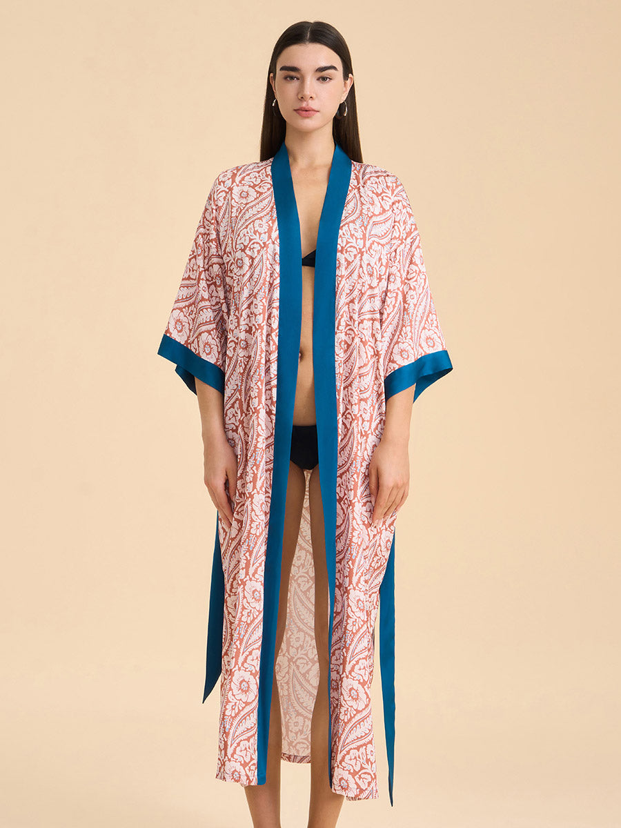 Paisley Contrast Trim Satin Kimono Robe
