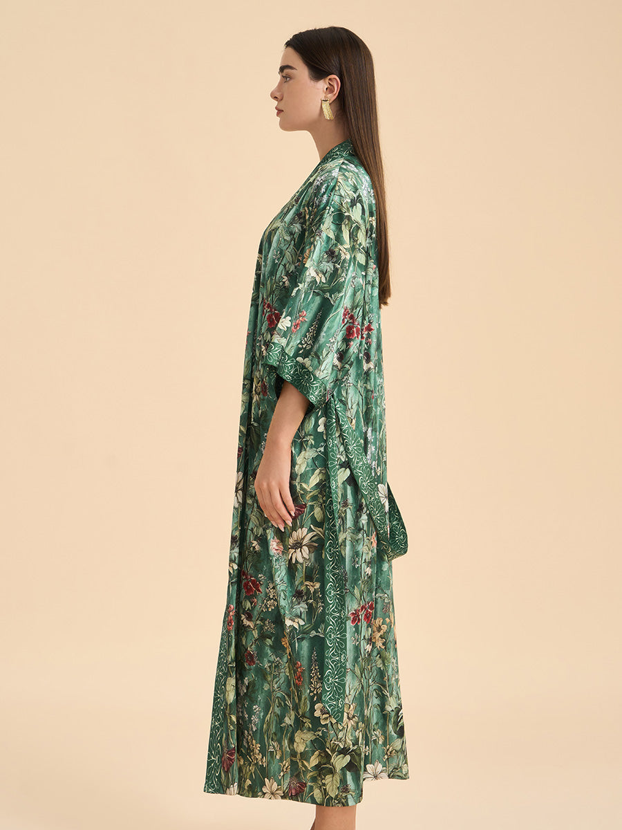 Botanical Print Satin Kimono Robe