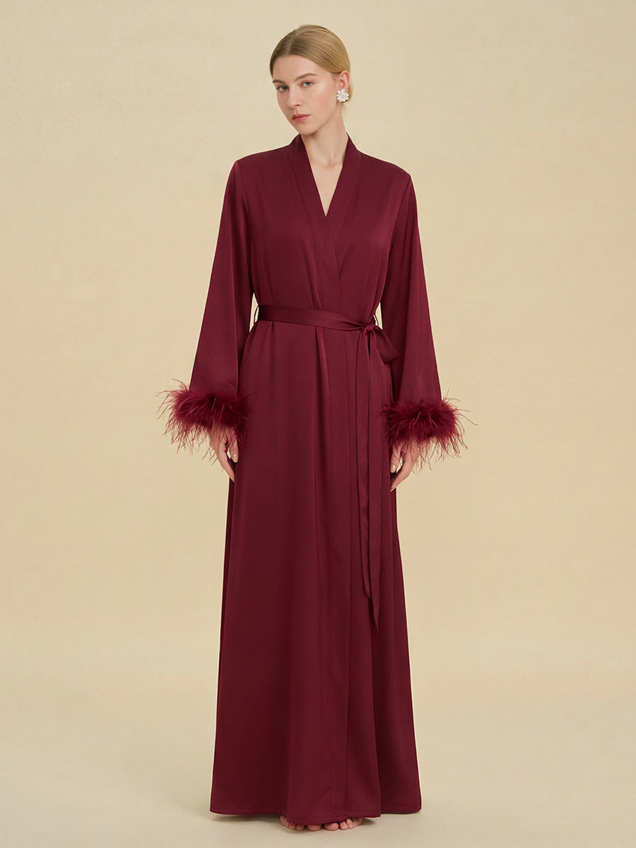 Burgundy Satin Maxi Robe with Feather Cuffs