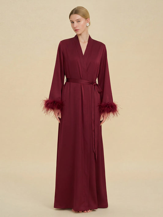 Burgundy Satin Maxi Robe with Feather Cuffs