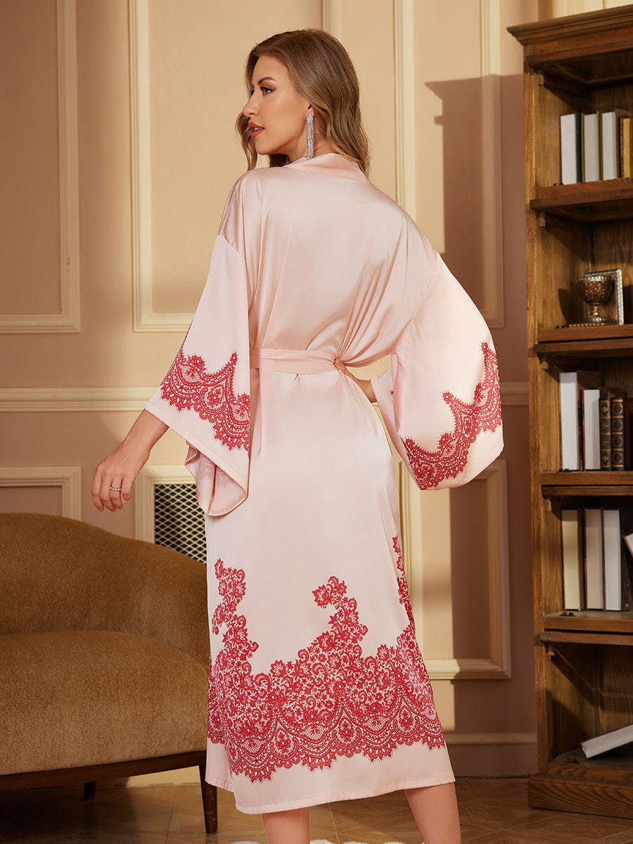 Pink Lace Satin Kimono Robe