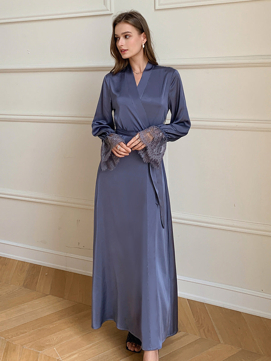 Dusty Blue Satin Chiffon Maxi Robe