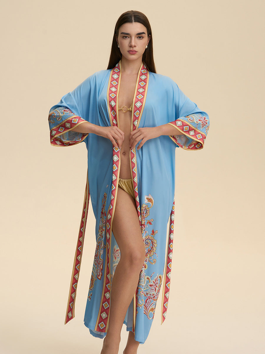 Sky Blue Paisley Satin Kimono Robe