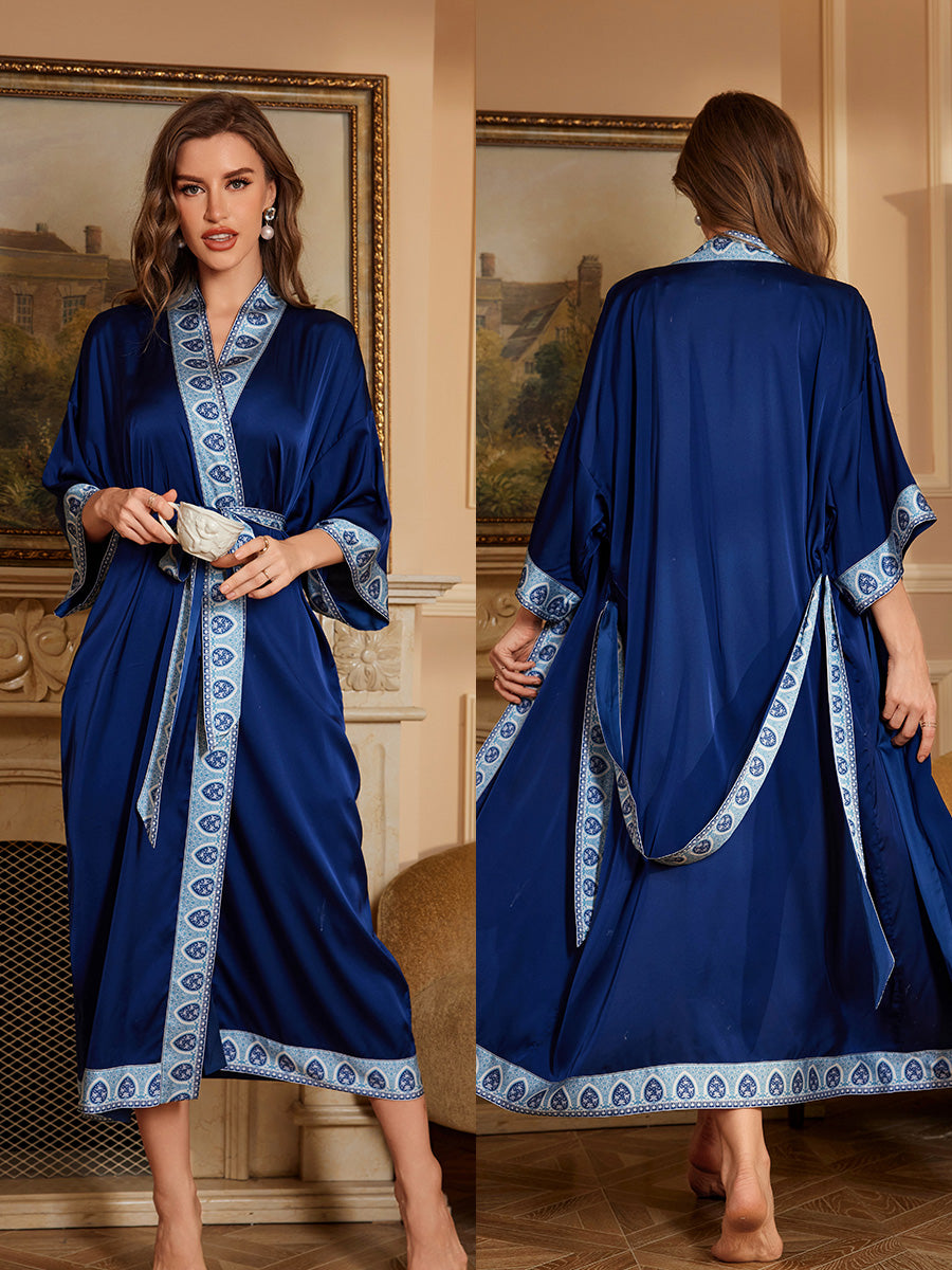 Deep Blue Trim Satin Chiffon Kimono Robe