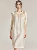 100% Mulberry Silk Ruffle Neck Bow Midi 3/4 Sleeve Nightgown