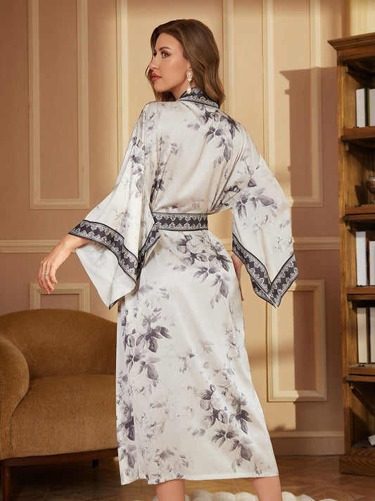 Ink Floral Satin Kimono Robe