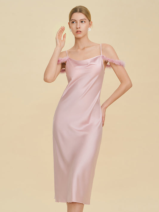 Blush Pink Satin Midi Slip Dress with Feather Trim