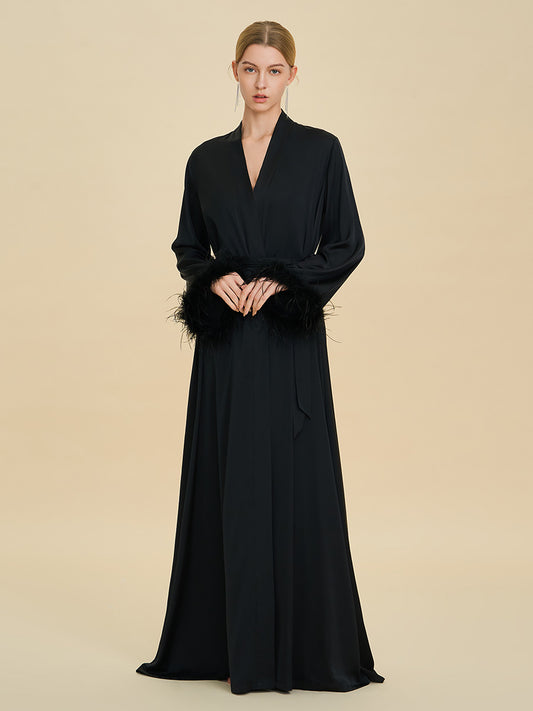 Black Satin Maxi Robe with Feather Cuffs